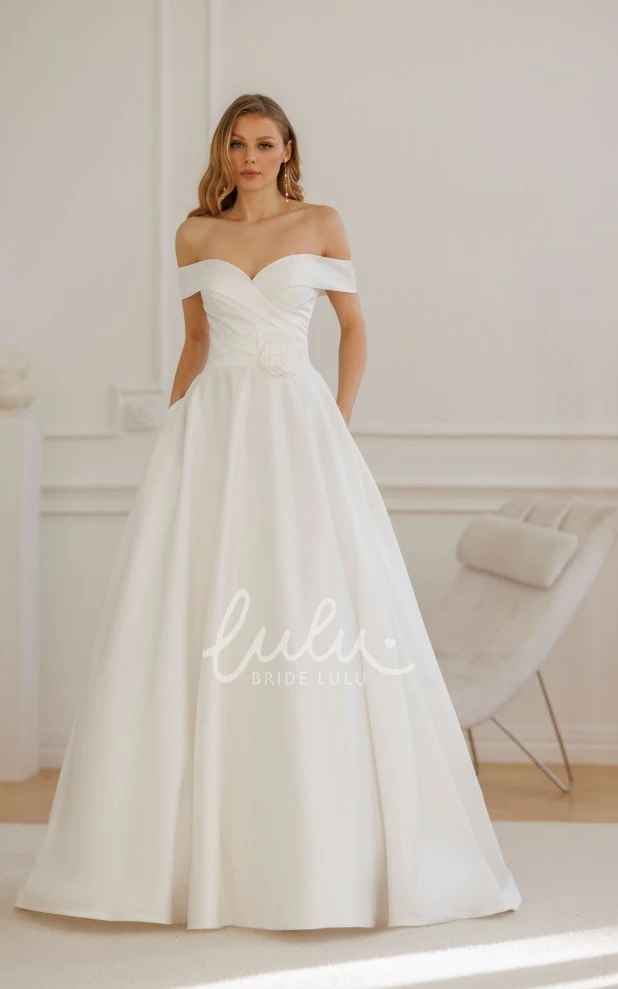 Modern Off-Shoulder A Line Solid Satin Wedding Elegant Sweetheart Floral Ball Gown with Chapel Train