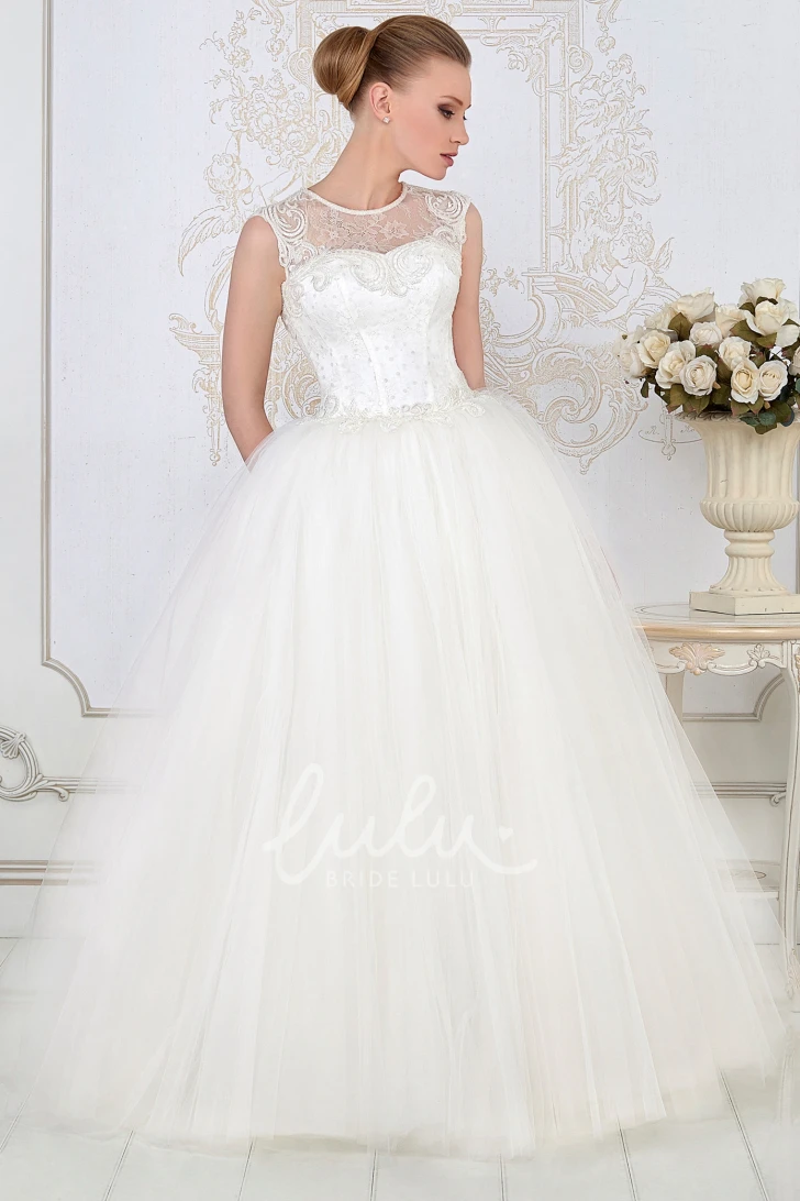 Beaded Scoop-Neck Tulle Ball Gown Wedding Dress Sleeveless and Floor-Length