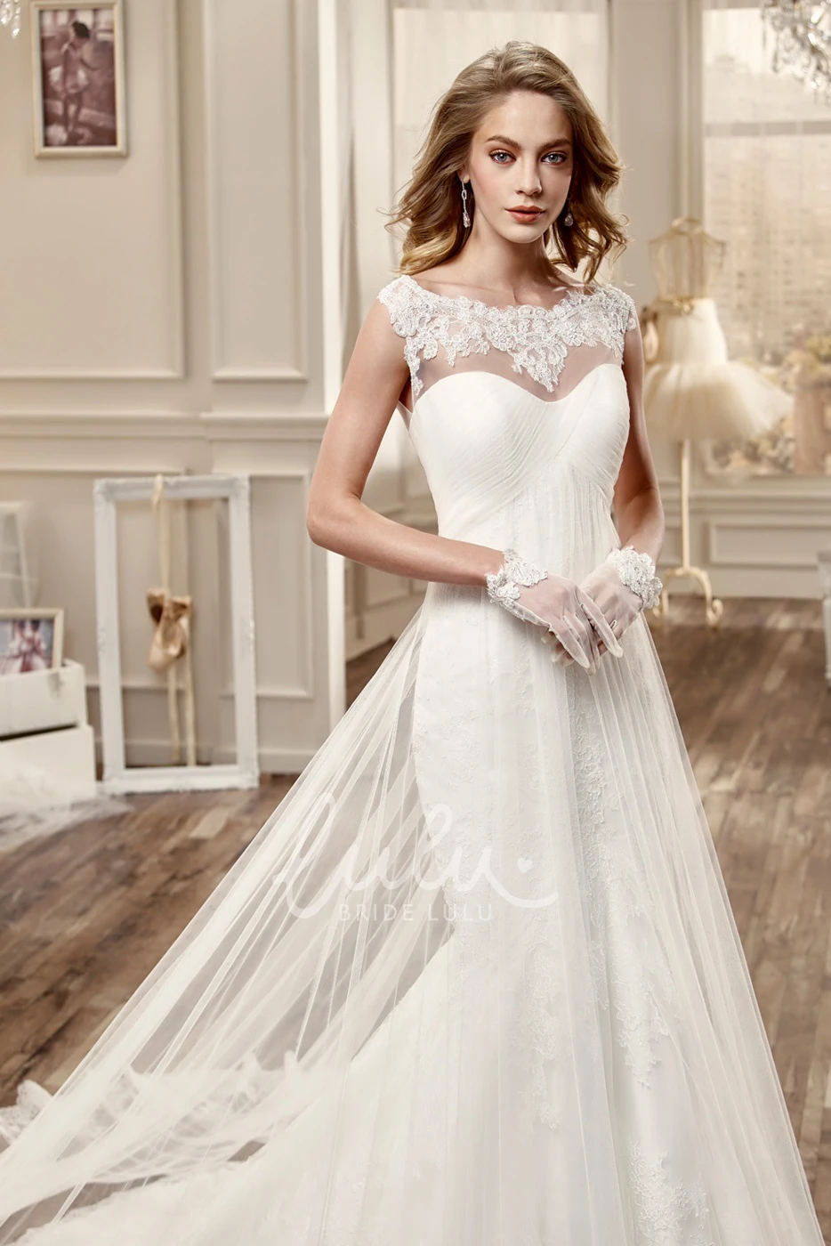 Pleated Bodice Long Wedding Dress with Invert-V Waist and Cap Sleeves Modern Bridal Gown