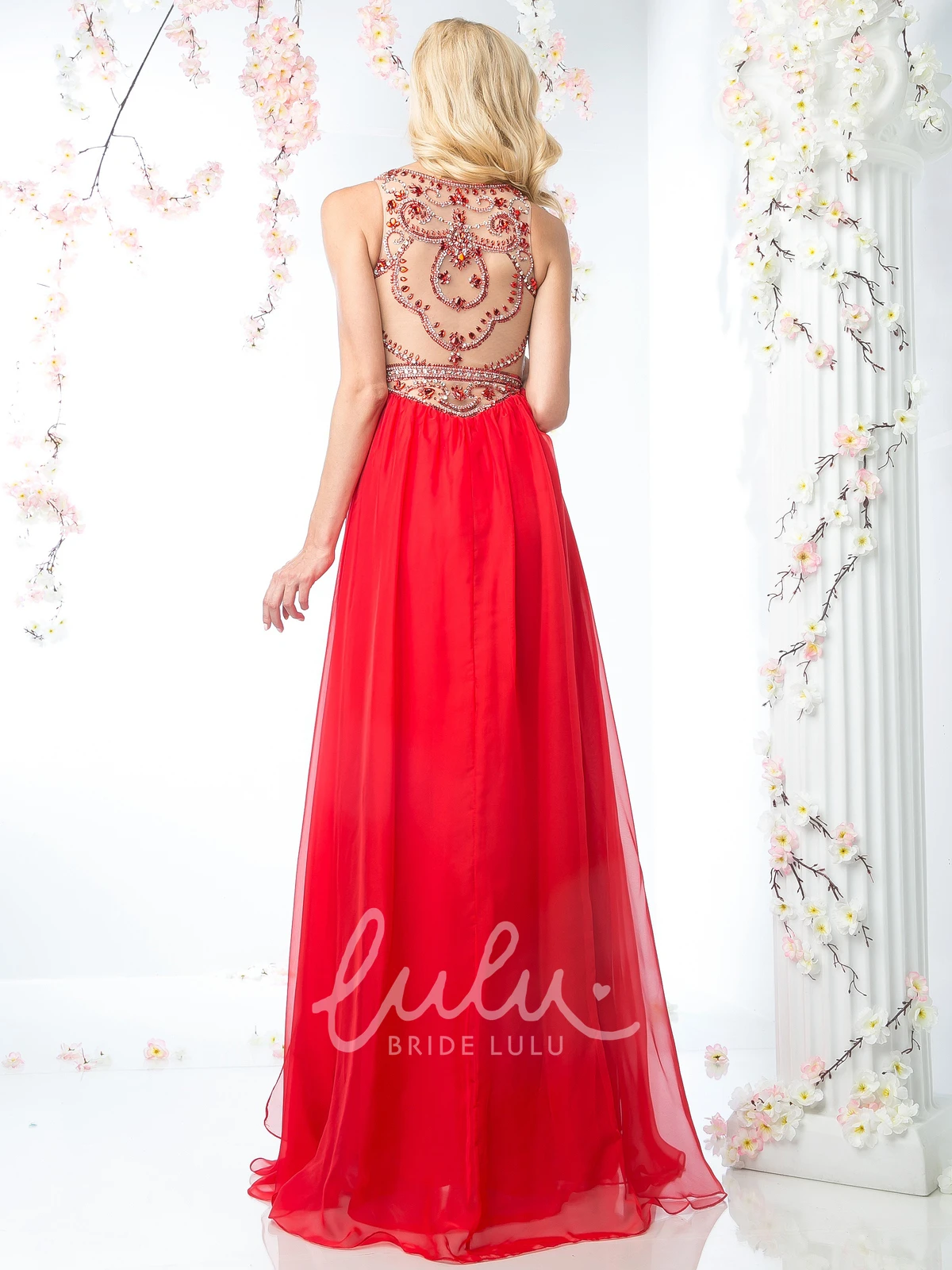 Chiffon Illusion A-Line Formal Dress with Beading Jewel-Neck Sleeveless