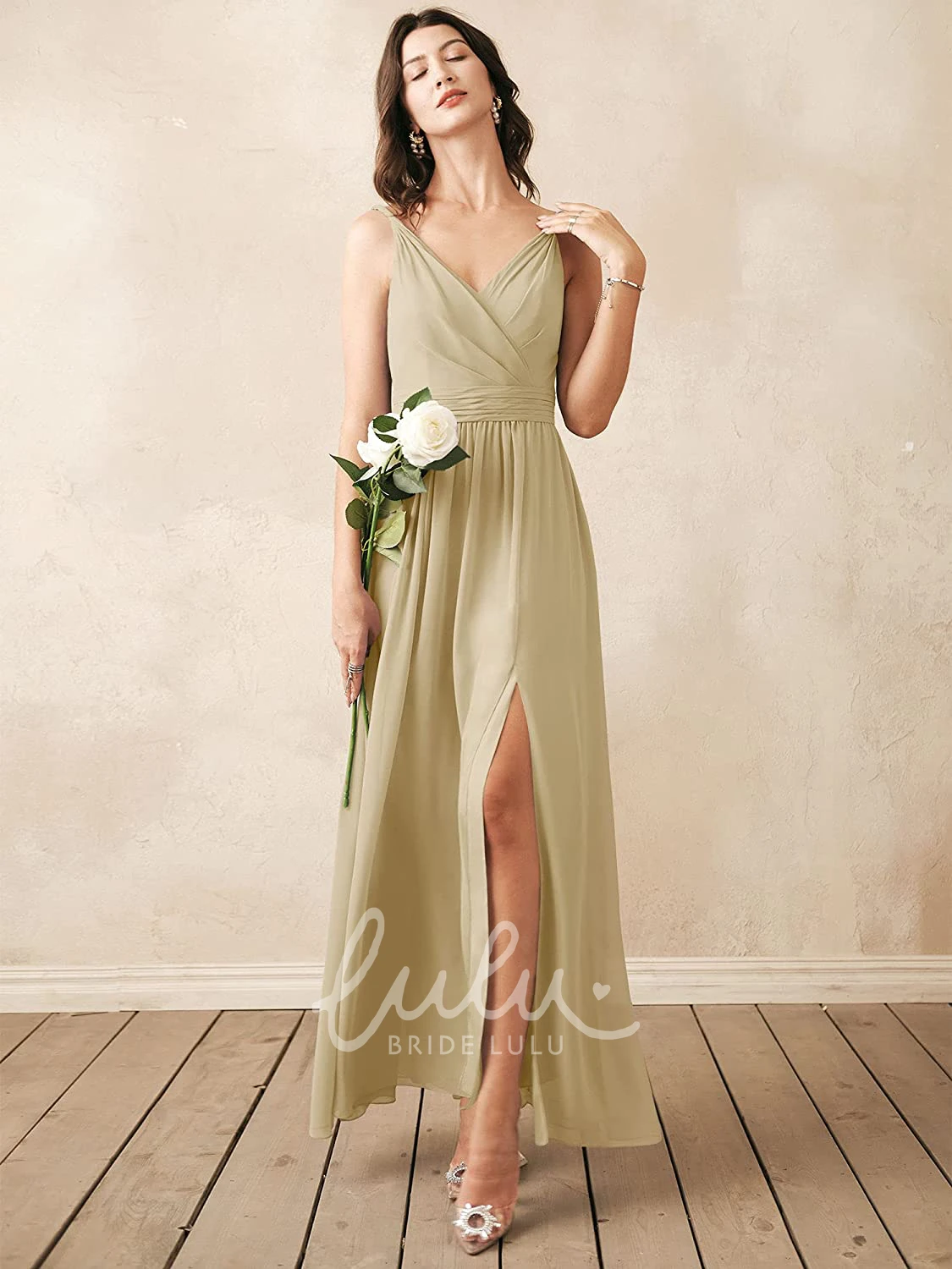 V-Neck Chiffon Ankle-Length Bridesmaid Dress with Ruching Sexy & Elegant