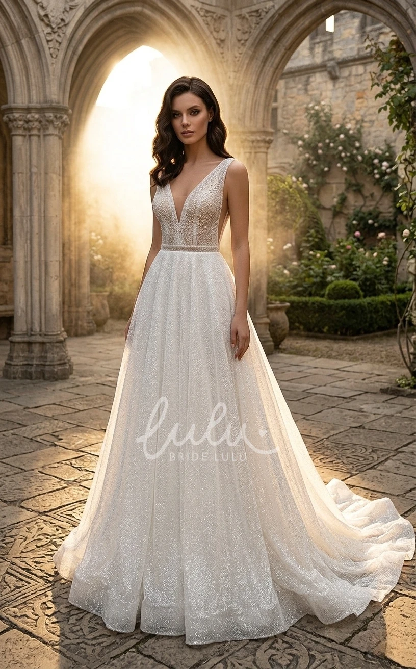 Beach A-Line Sparkly Wedding Dress Sleeveless Deep-V Neckline Informal Gown