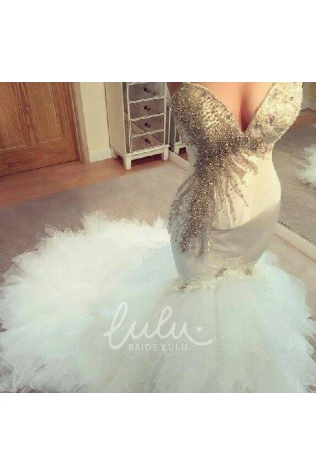 Glamorous Mermaid Beadings Tulle Wedding Dress Long Train