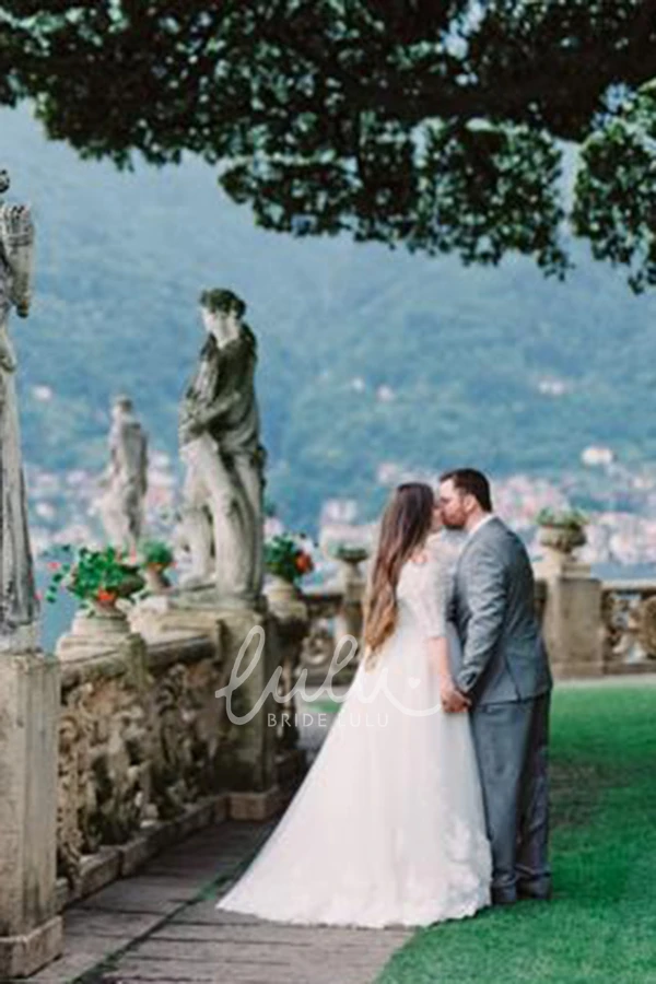 Off-shoulder Lace A-line Wedding Dress with Zipper Closure