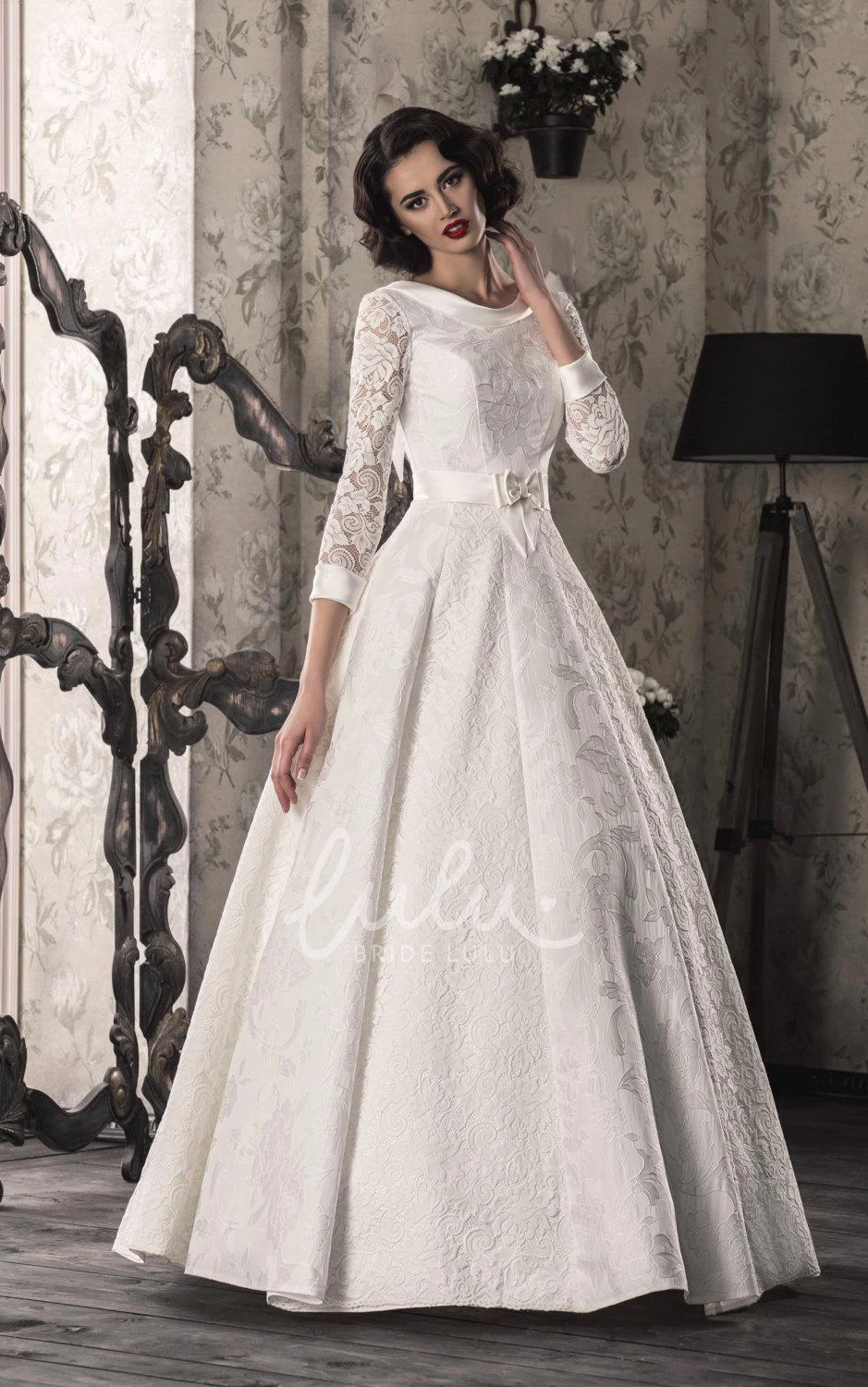 Lace A-Line Warm Wedding Dress with Satin and Lace-Up Back
