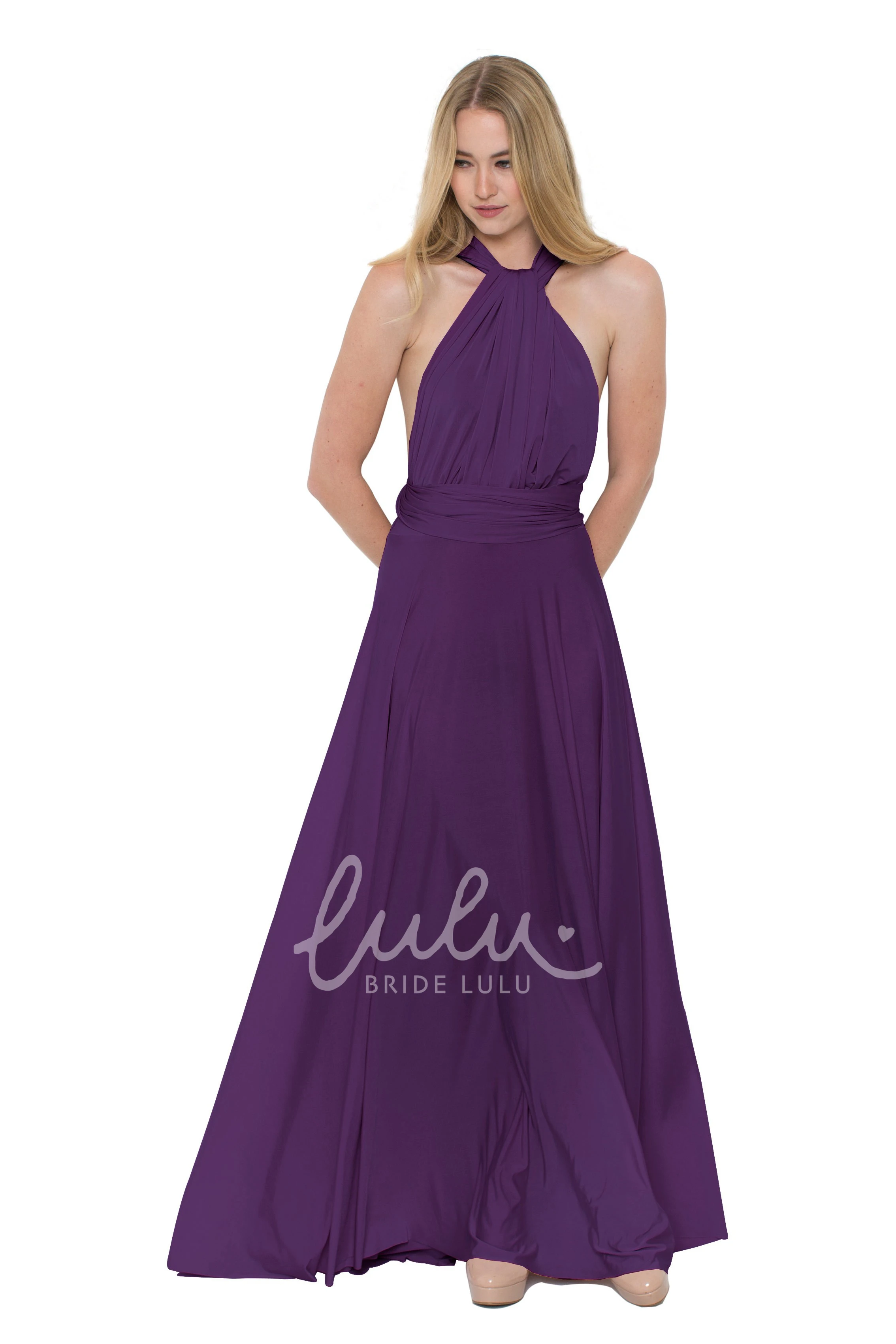V-Neck Ruched Chiffon Bridesmaid Dress Floor-Length Sleeveless Convertible Multi-Color