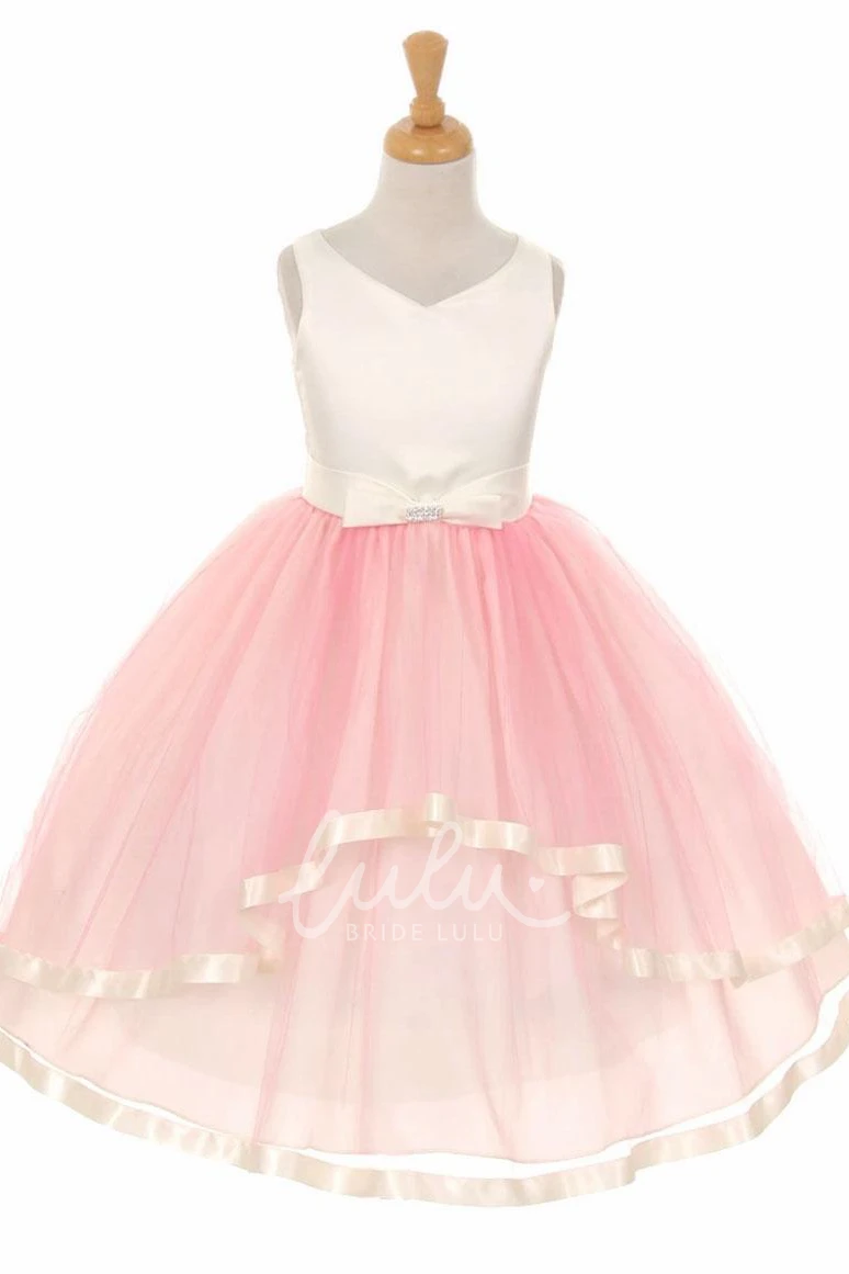 Tiered Tulle Flower Girl Dress with Peplum and Sash Tea-Length