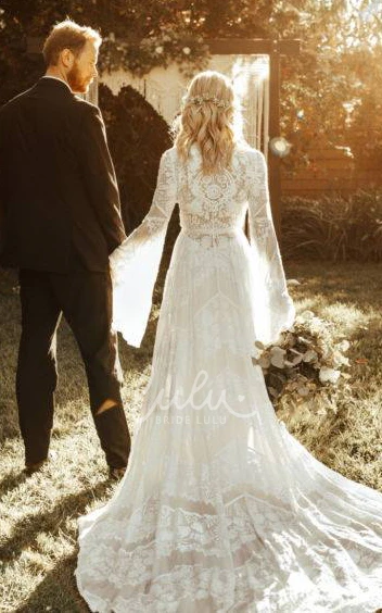 Ethereal Country Boho Lace A-Line Long Sleeve Wedding Dress Floral Elegant Rustic V-Neck Sashed Appliqued Barn Bridal Gown