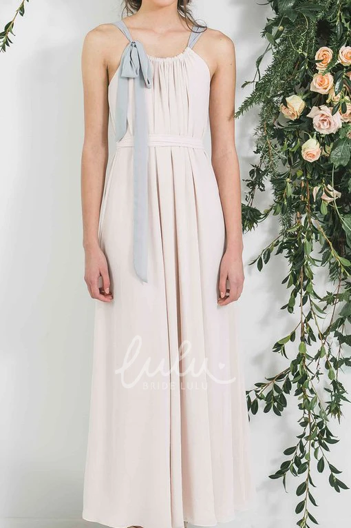 Strapped Sleeveless Chiffon Bridesmaid Dress with Ankle-Length Hem and Ribbon