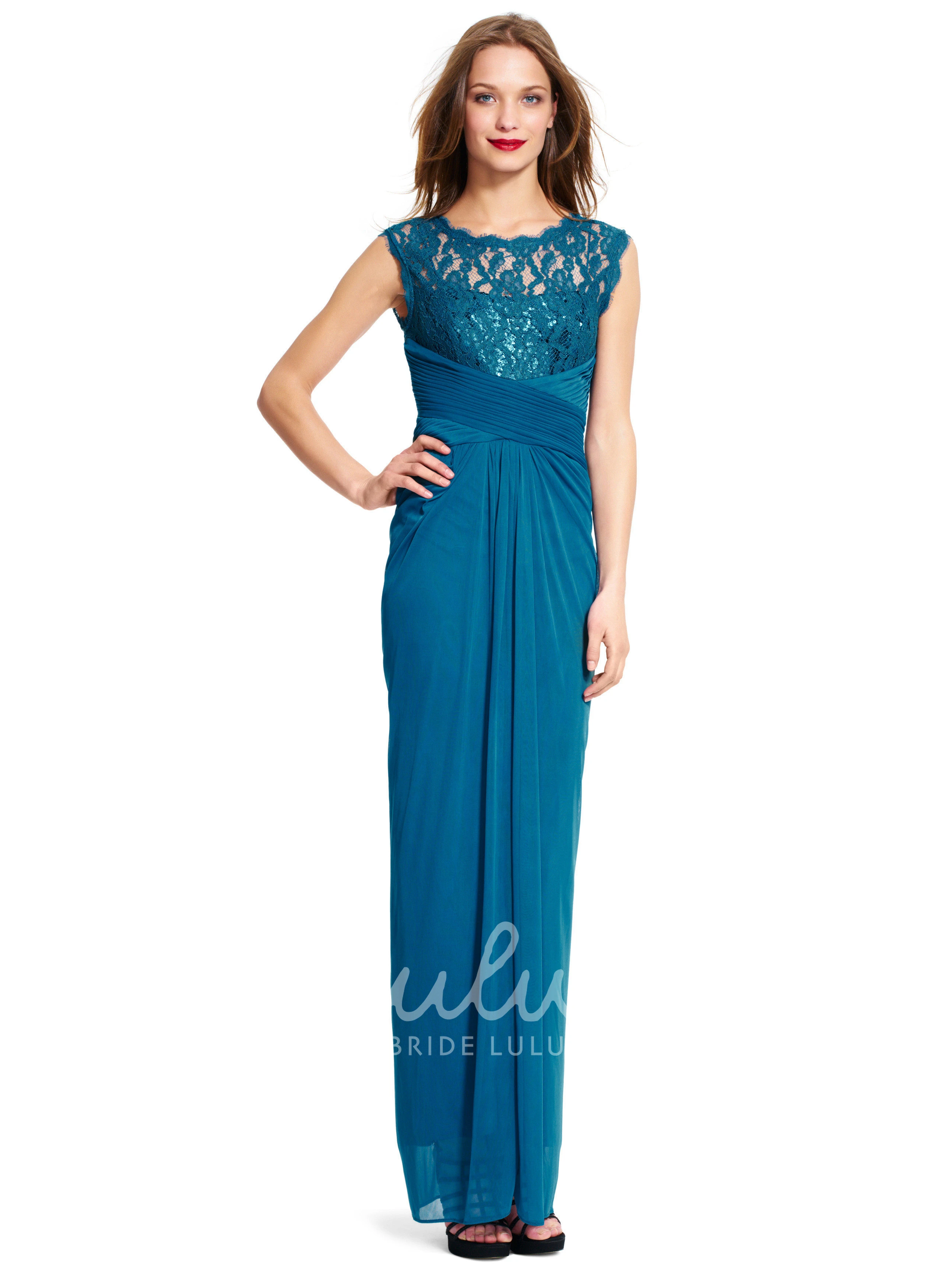 Sleeveless Ruched Chiffon Bridesmaid Dress with Lace and Zipper Pencil