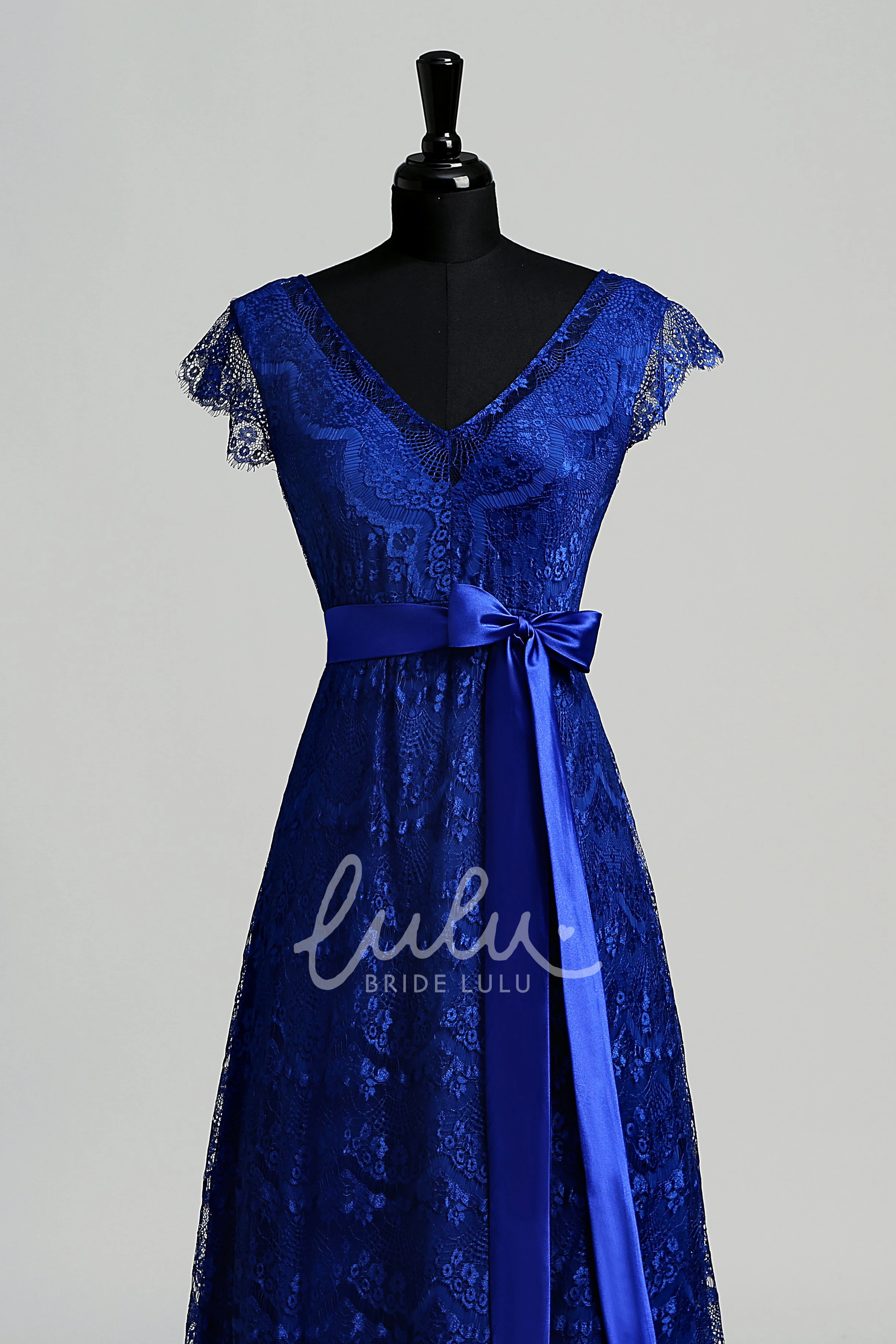 Cap Sleeve V-neck Lace Bridesmaid Dress with Ribbon