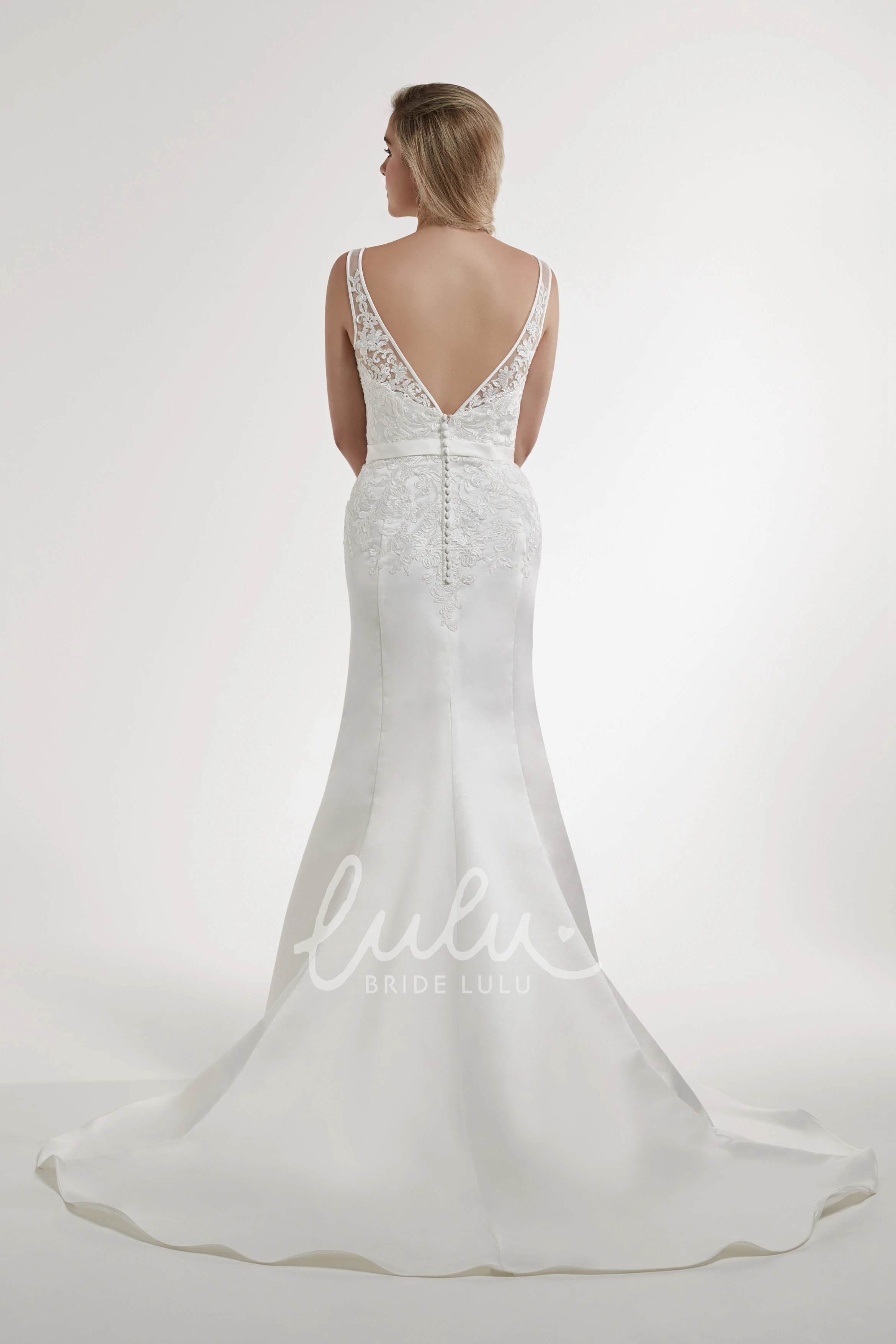 Sleeveless Satin Sheath Wedding Dress with V-Neck and Court Train Classic Bridal Gown