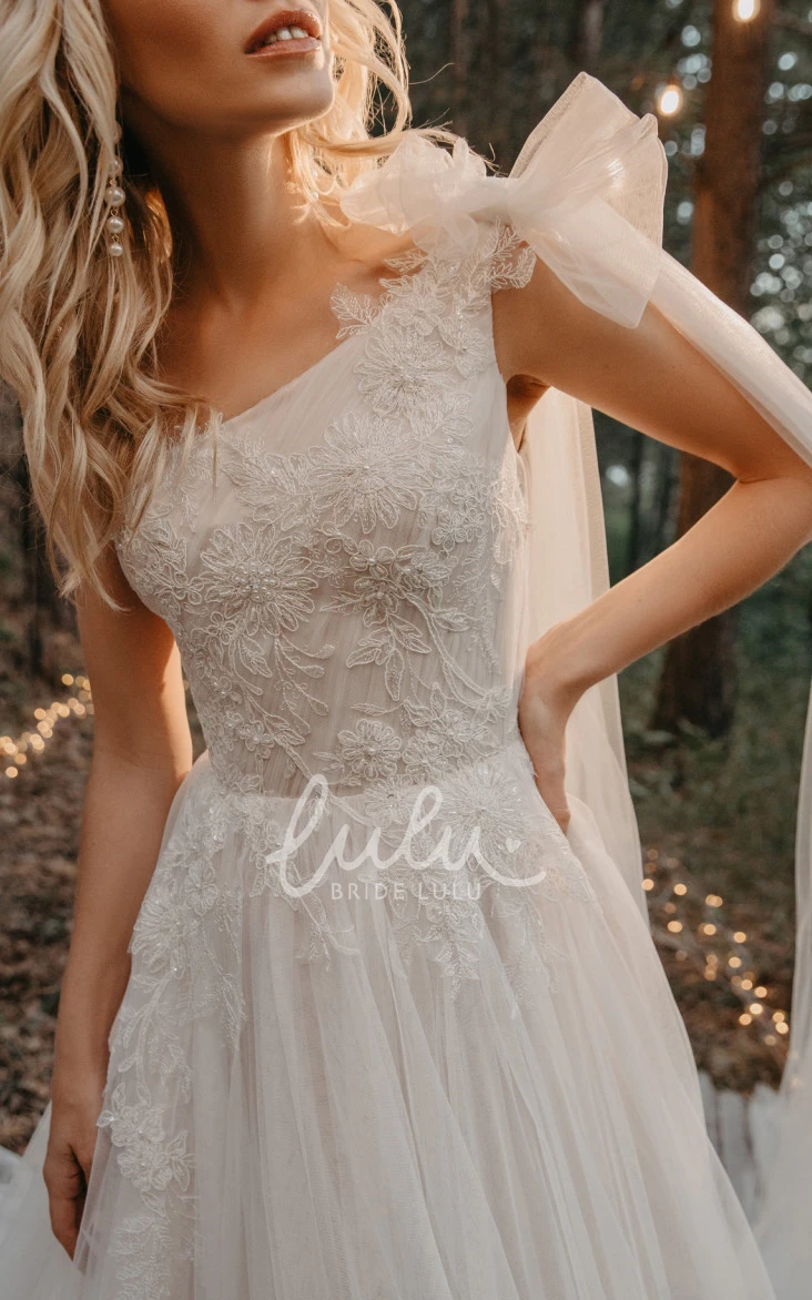 Modern One-Shoulder Sleeveless A-Line Tulle Wedding Dress with Straps Back Elegant Wedding Dress