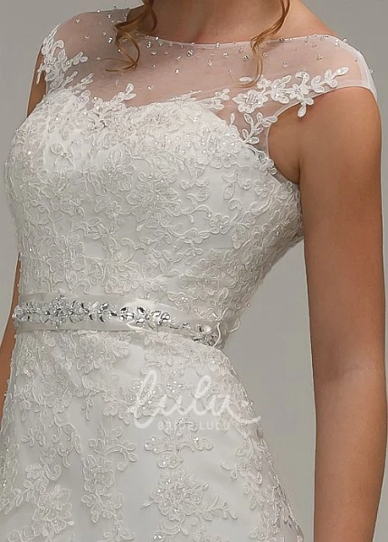 Cap-Sleeve Scoop-Neck Lace Wedding Dress with Jeweled Bow Unique Bridal Gown