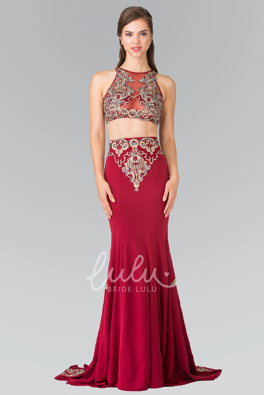 Two-Piece Jersey Illusion Prom Dress with Appliques Sheath Maxi Jewel-Neck