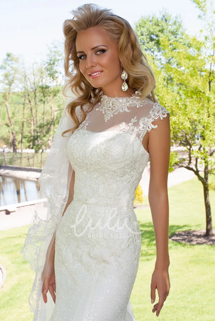 High Neck Sheath Lace Wedding Dress With Keyhole Back Beading and Cap-Sleeves