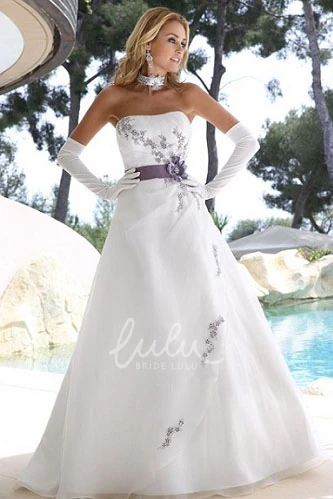 Satin Floral A-Line Wedding Dress with Strapless Bodice and Draping