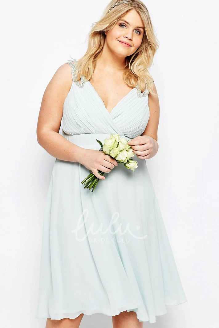 Knee-Length Chiffon Bridesmaid Dress with Beading and Pleats A-Line V-Neck Sleeveless