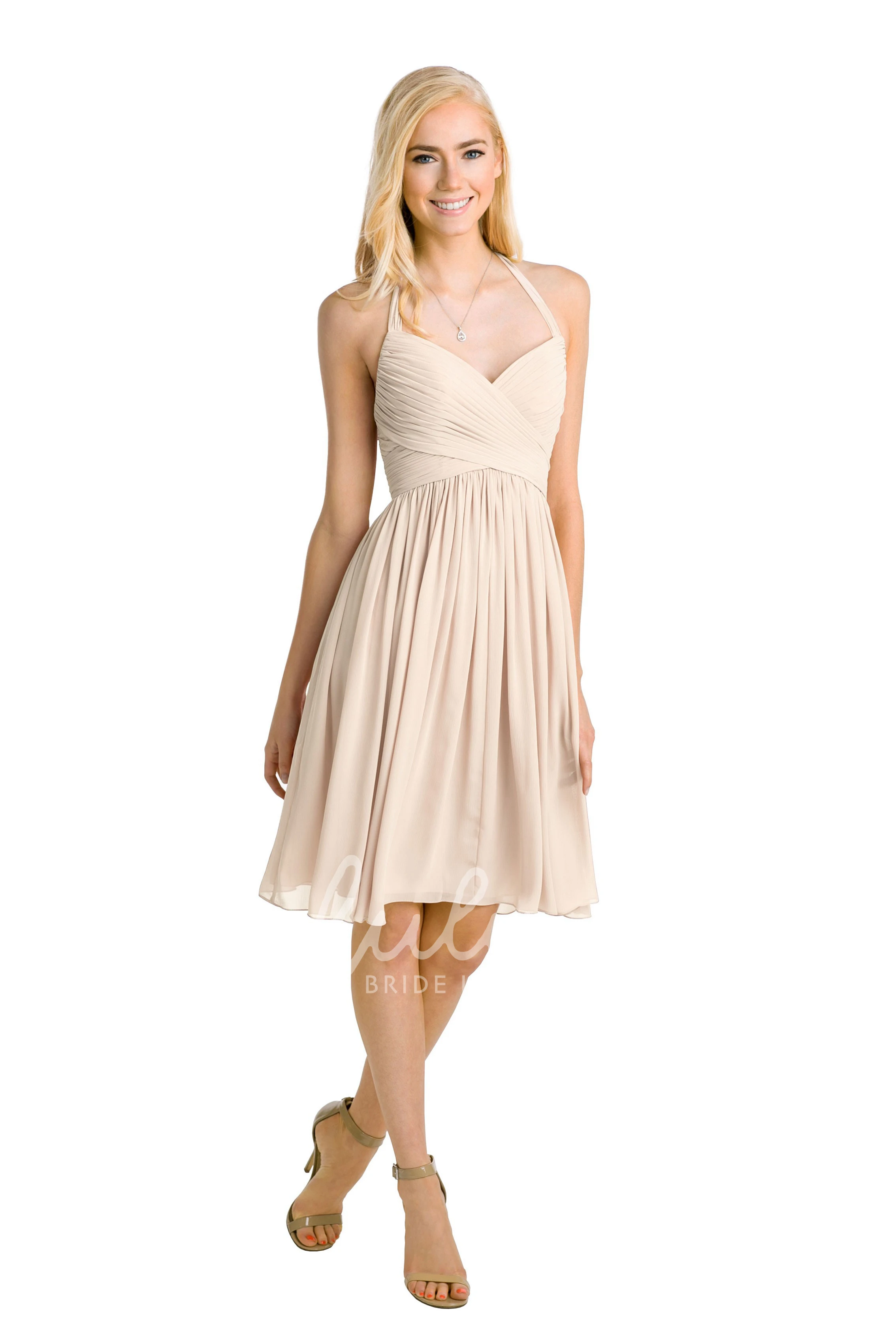 Halter Sleeveless Chiffon Bridesmaid Dress Knee-Length Criss-Cross Multi-Color