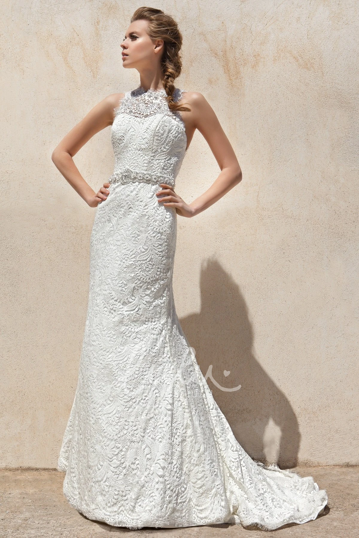 Beaded Sheath Lace Wedding Dress with High Neck and Sleeveless Design