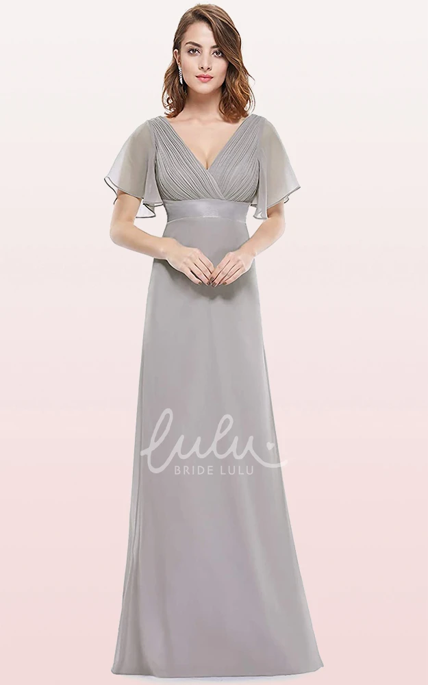 Romantic Chiffon V-neck A-line Prom Evening Dress with Ruffles and Short Sleeves Bridesmaid Dress