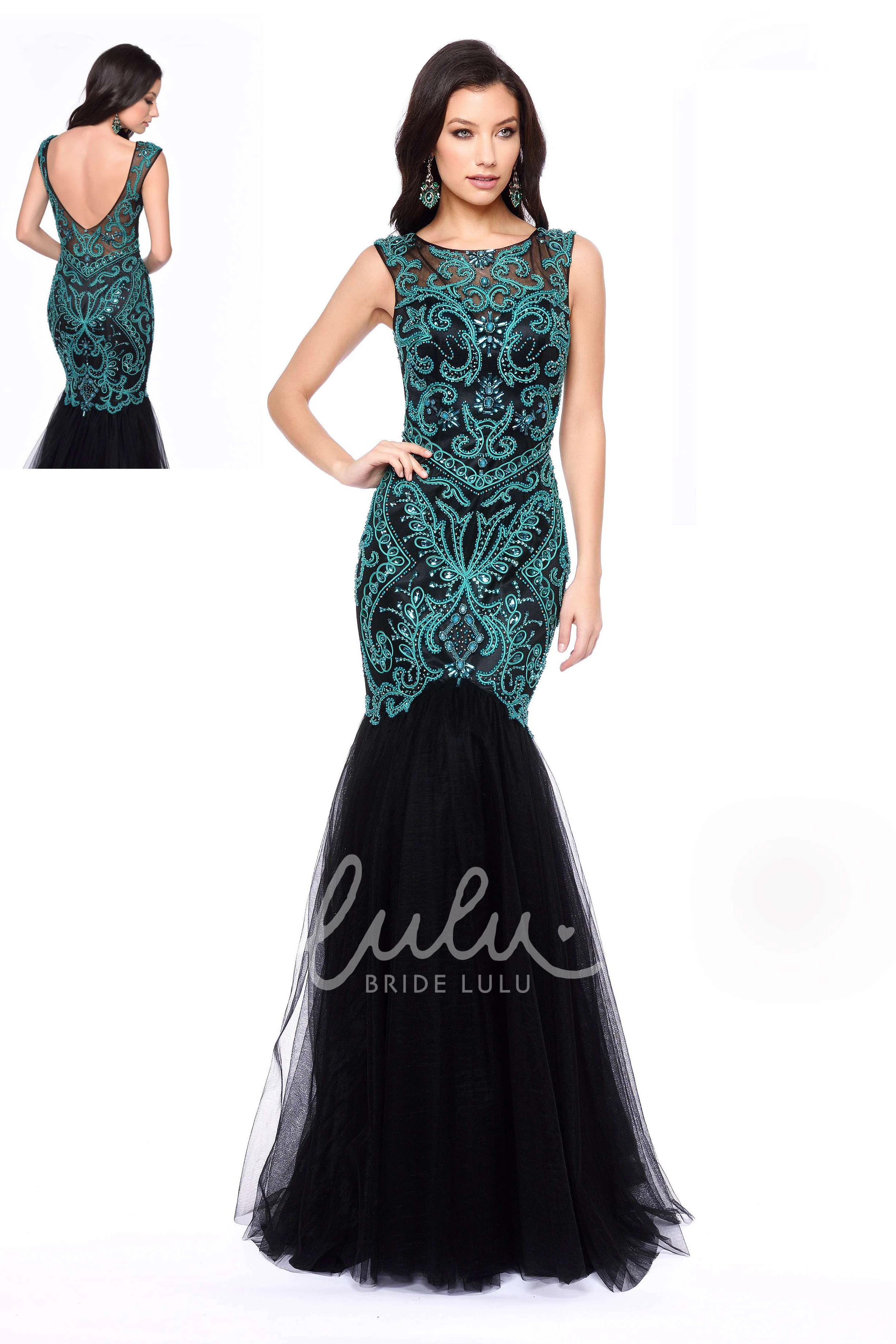 Sleeveless Tulle Mermaid Prom Dress with Low-V Back and Beading