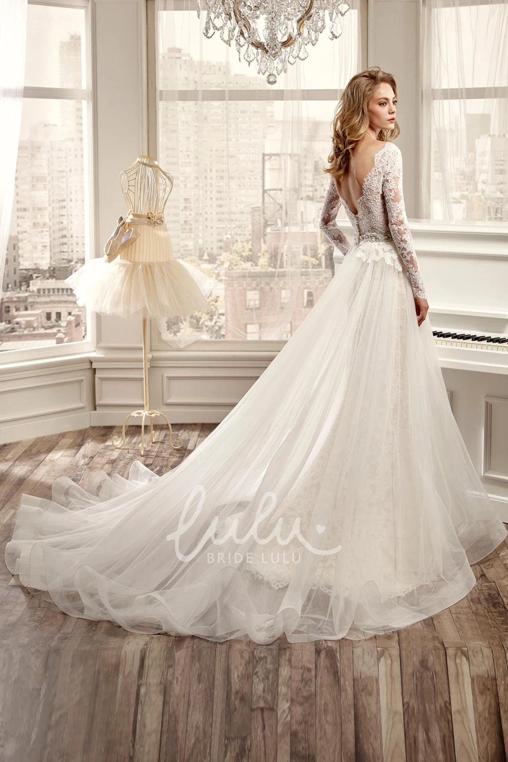 Low-V Back Beaded Waistline V-Neck Wedding Dress with Long Sleeves