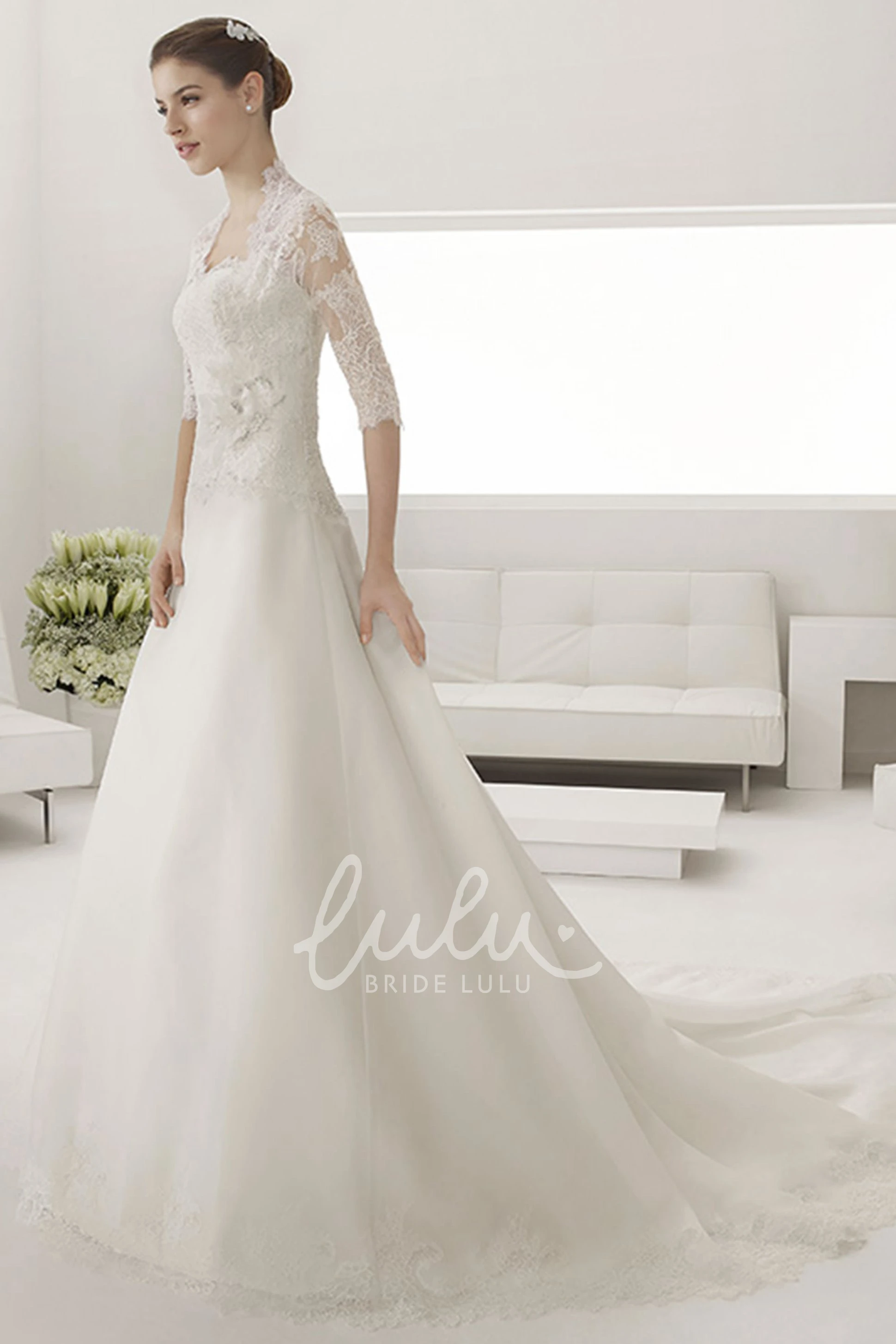 A-line Tulle Wedding Dress with Sweetheart Neckline and Lace Top