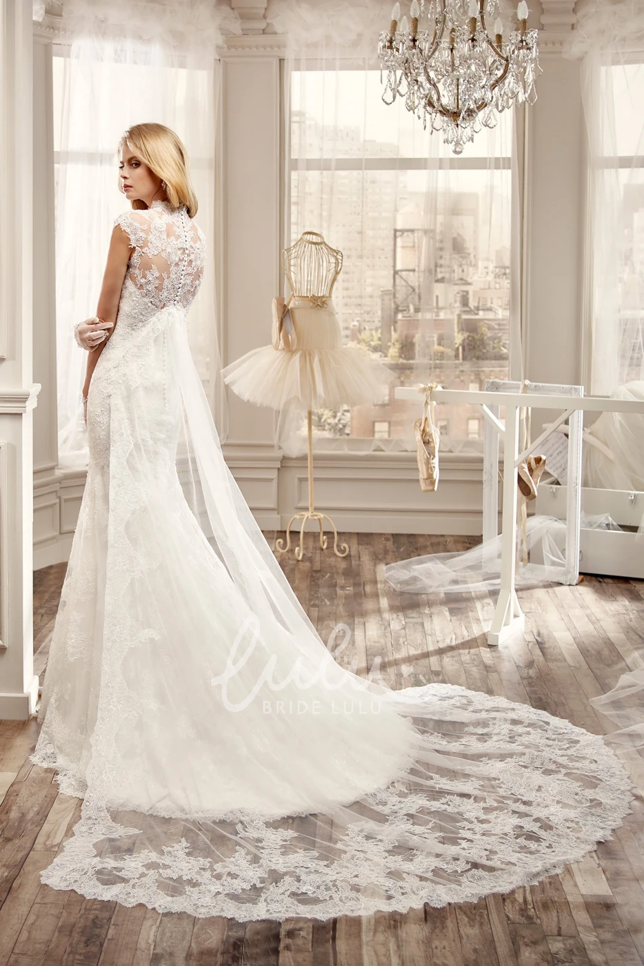 Beaded Bust High-Neck Sheath Lace Wedding Dress with Court Train Modern Wedding Gown