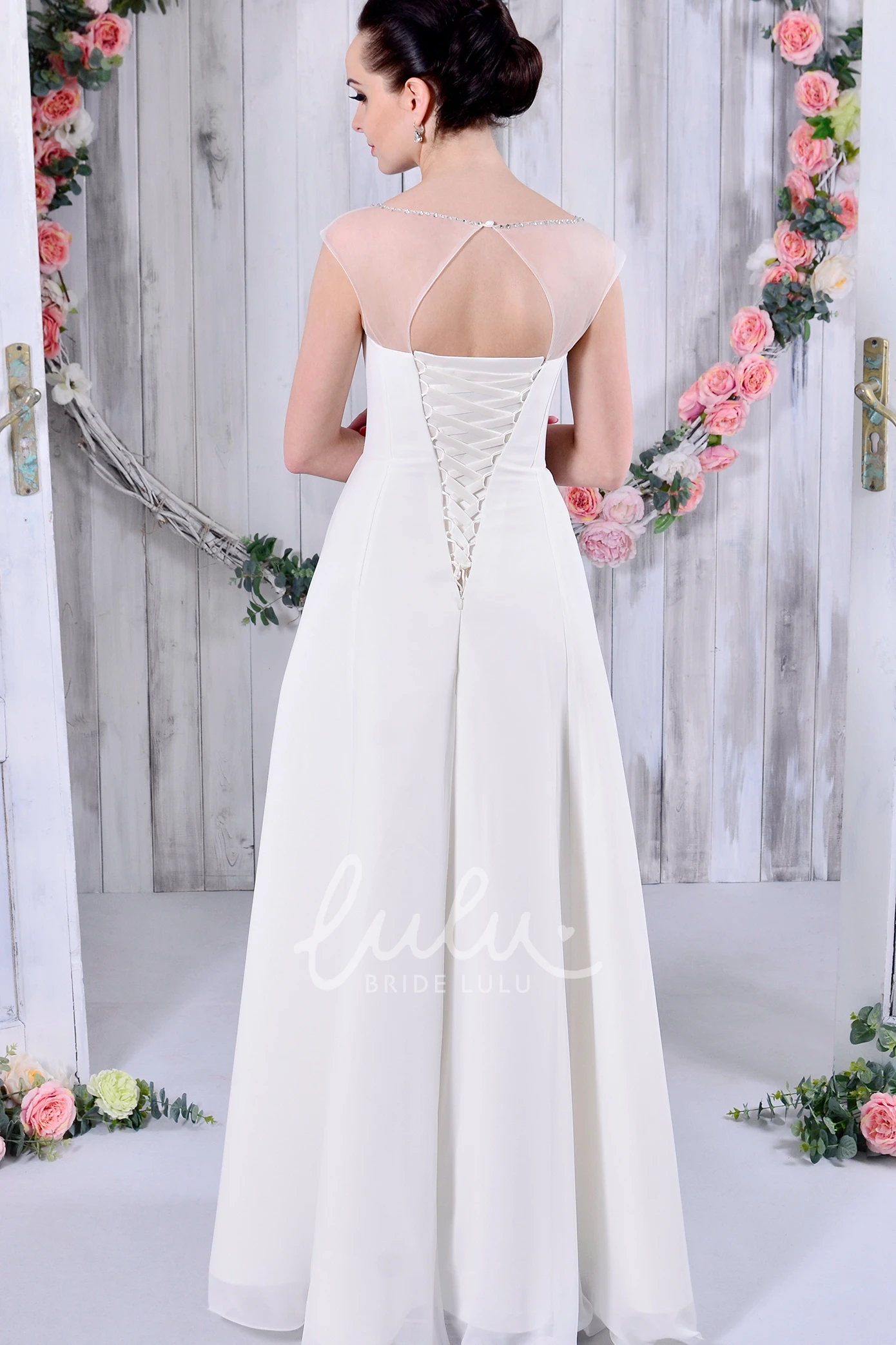 A-Line Chiffon Wedding Dress with Beading Criss-Cross Neckline and Waist Jewelry