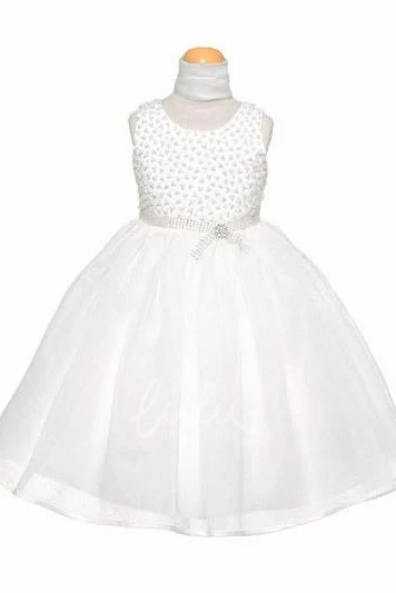 Beaded Organza & Satin Flower Girl Dress with Cape Tea-Length Wedding Dress