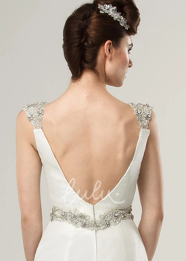 Beaded Cap-Sleeve V-Neck Satin Wedding Dress with Waist Jewelry Mermaid Style