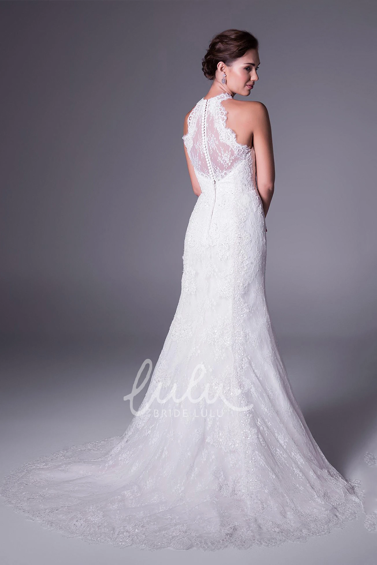 High-Neck Long Lace Wedding Dress Trumpet Appliqued Sleeveless