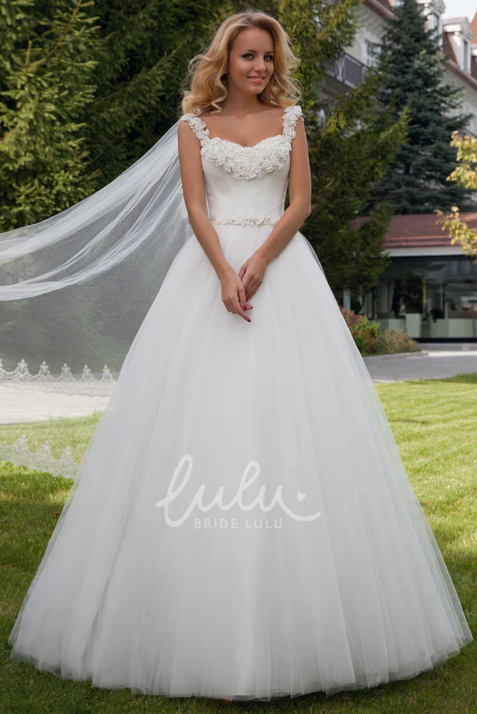 Strapped Tulle Ball Gown Wedding Dress with Beading and Bow Classic Bridal Gown