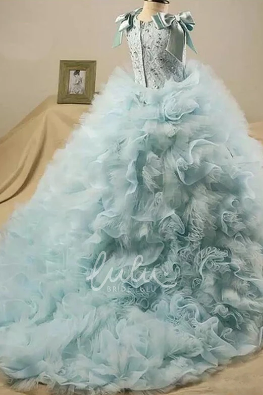 Ruffled Ball Gown Flower Girl Dress with Scoop Neck and Beading
