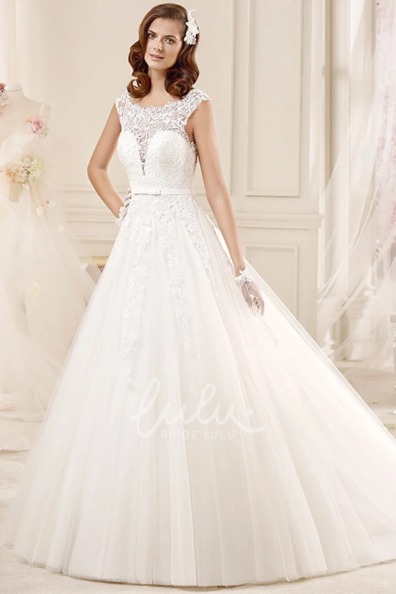 Illusive Lace Cap-sleeve Wedding Dress with Brush Train Scalloped Neck and Timeless