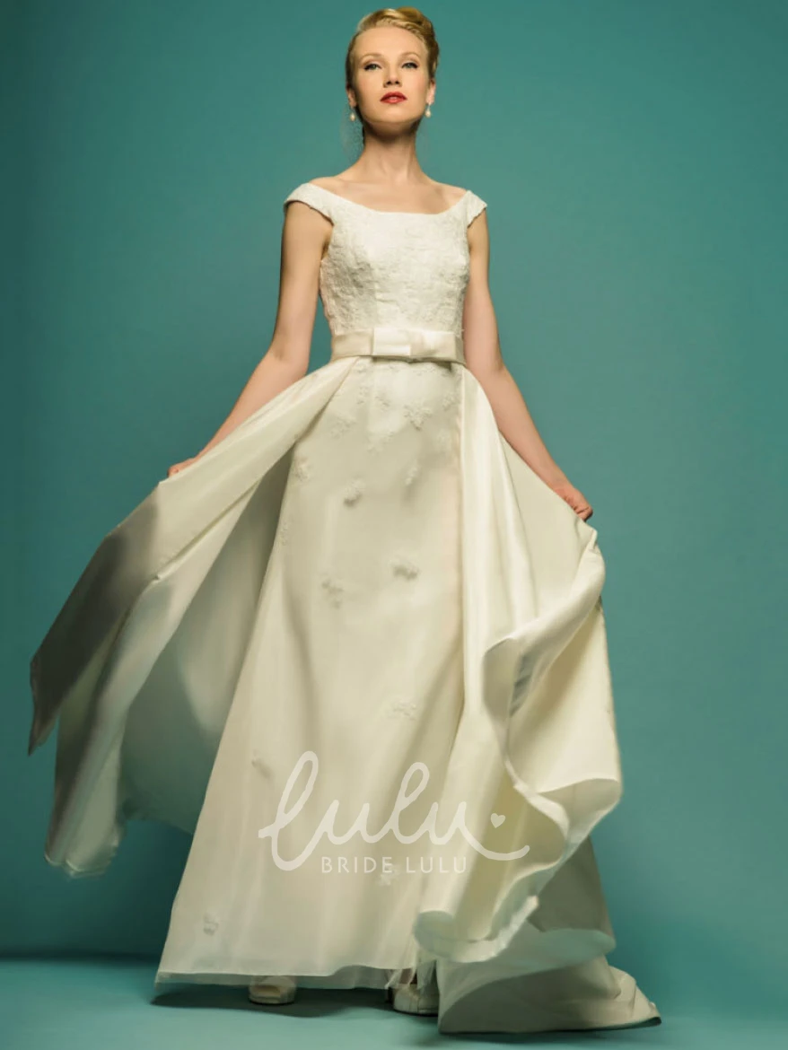 Satin Square-Neck Long Bow Wedding Dress with Appliques