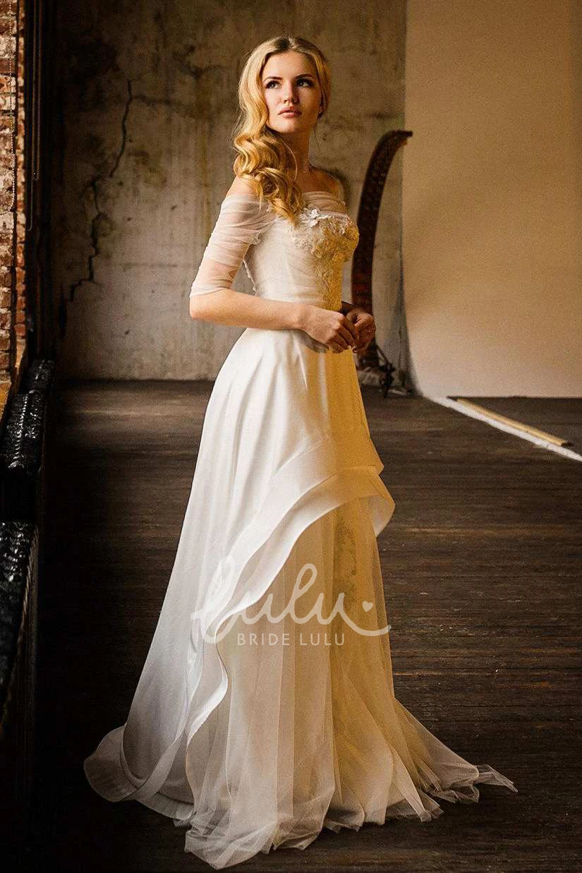 Button Back Wedding Dress with Chiffon Tulle and Lace