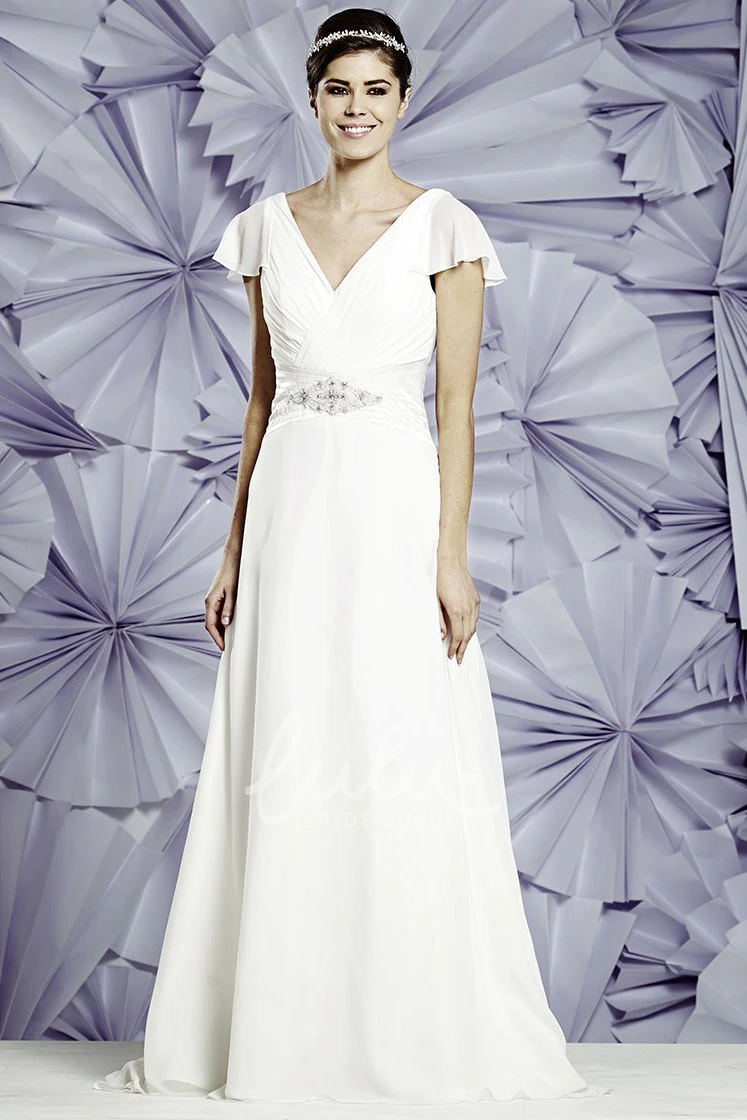 V-Neck Ruched Chiffon Wedding Dress with Poet Sleeves and Waist Jewelry Elegant Wedding Dress