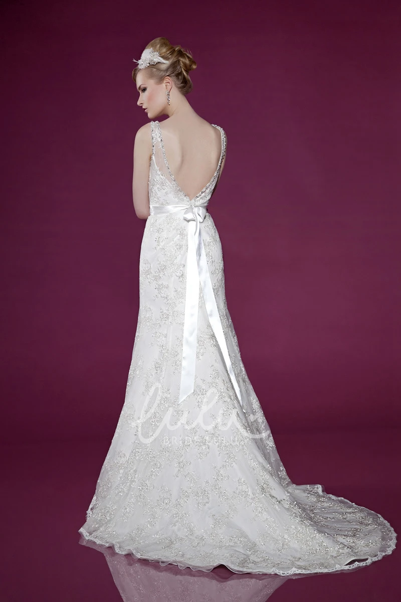 Satin Bateau Spring Wedding Dress with Court Train and Bow Classic Bridal Gown
