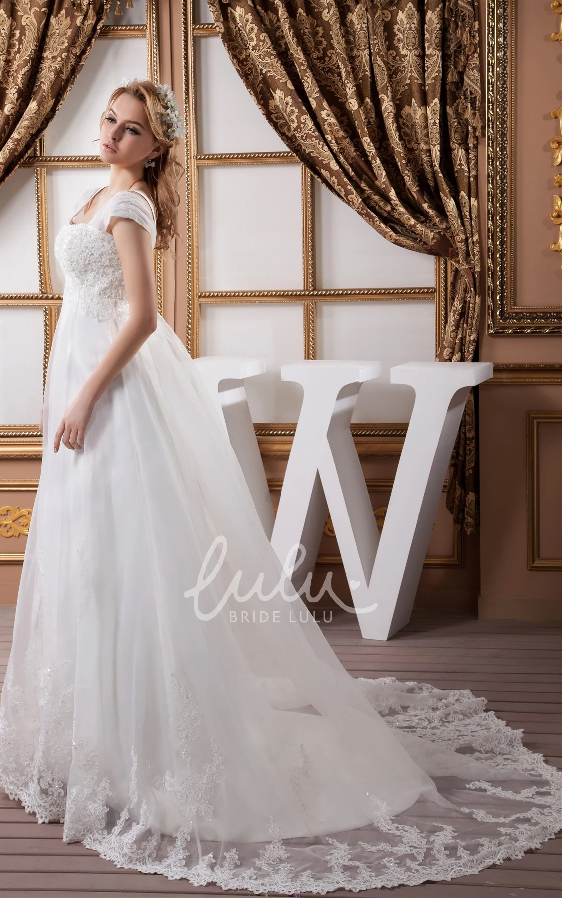 Empire A-Line Tulle Lace Wedding Dress with Cap Sleeves and Beading