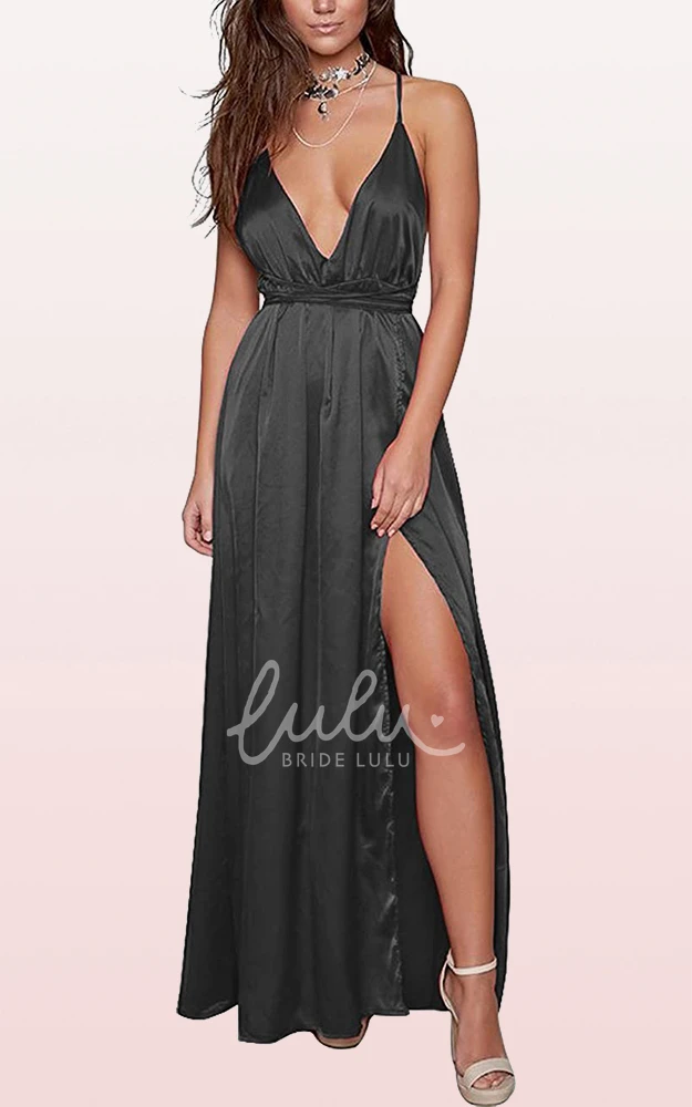 Romantic Satin V-neck A-line Guest Dress with Ruffles and Split Front Formal Dress