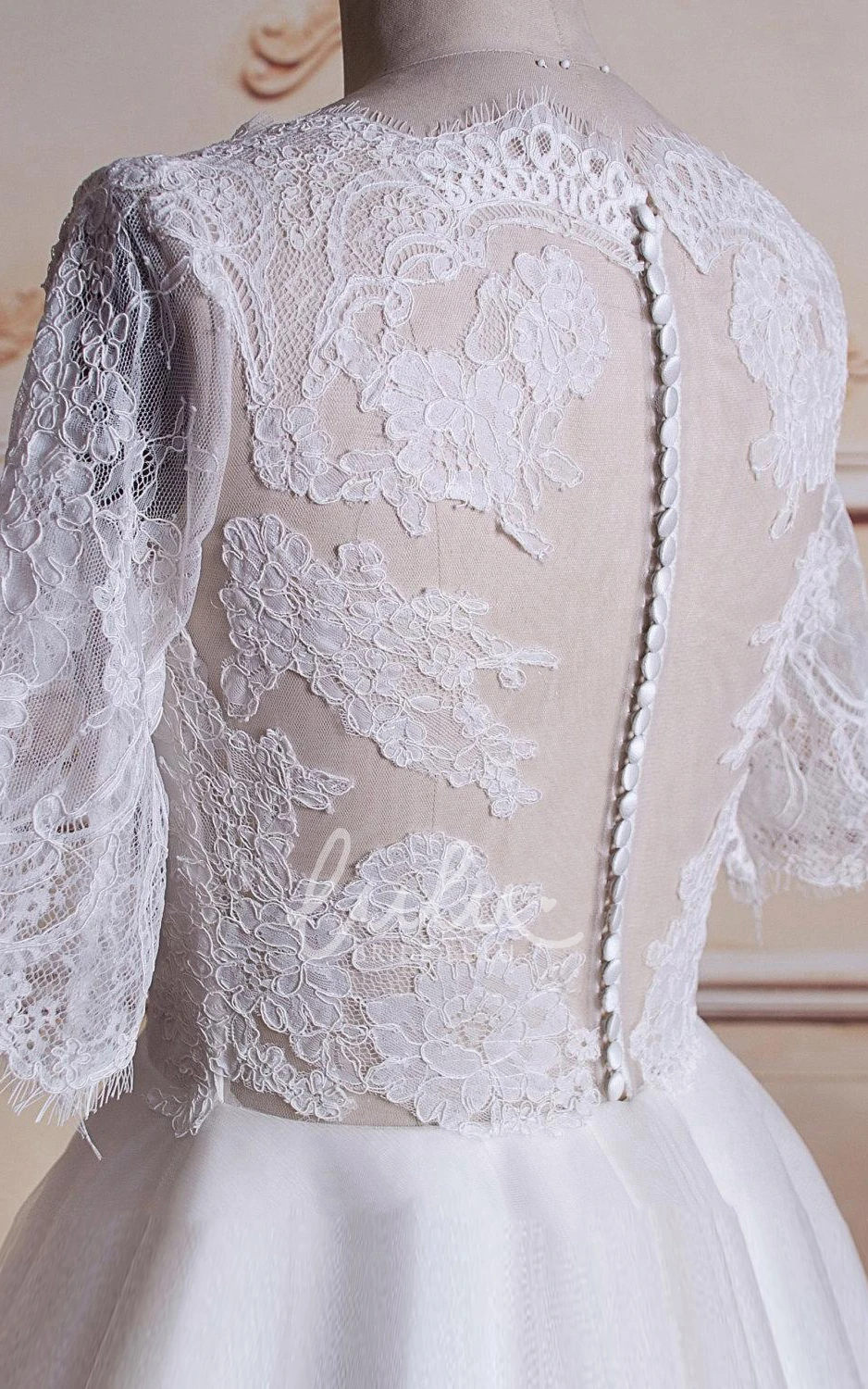 3/4 Sleeve Tea-Length Wedding Dress Tulle Lace Satin