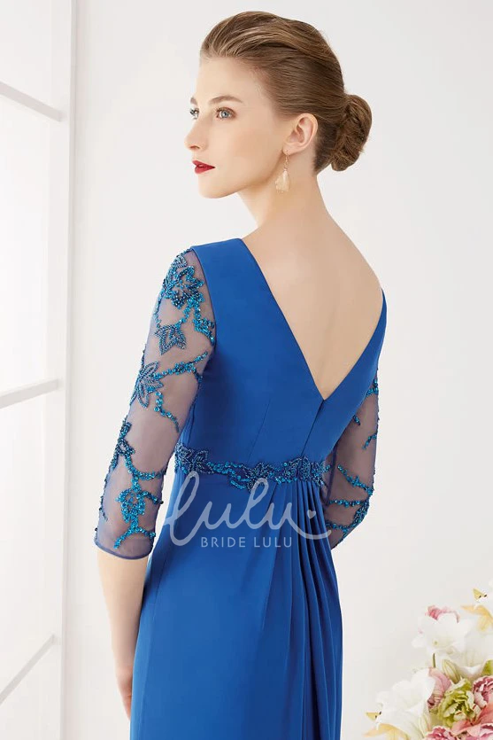 Maxi V-Neck Chiffon Prom Dress with Ruched Half-Sleeves and Beaded Waist Flowy Prom Dress