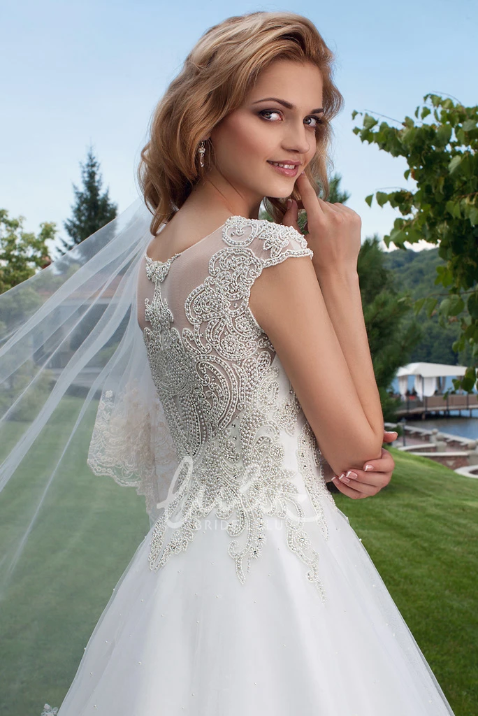 Cap Sleeve Appliqued Tulle Wedding Dress Elegant Ball Gown