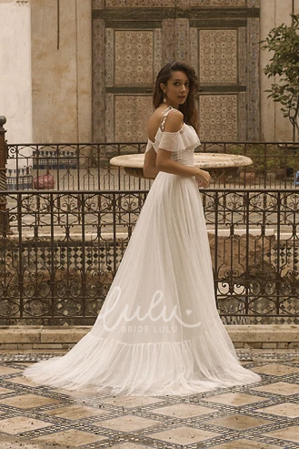 Adorable Tulle Off-shoulder Spaghetti Strap Wedding Dress with Lace Details