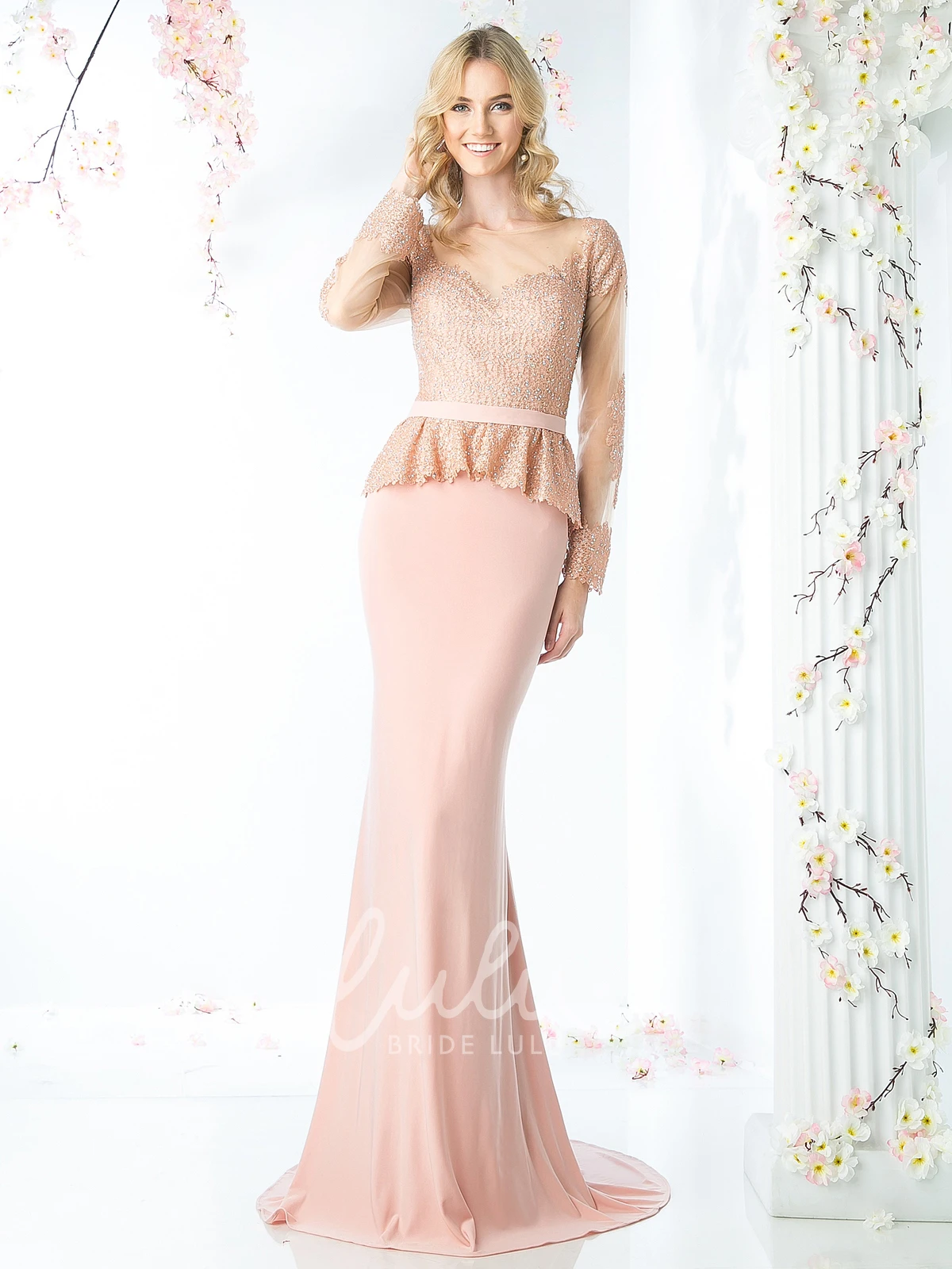 Jersey Sheath Long Sleeve Dress with Peplum and Beading for Formal Event