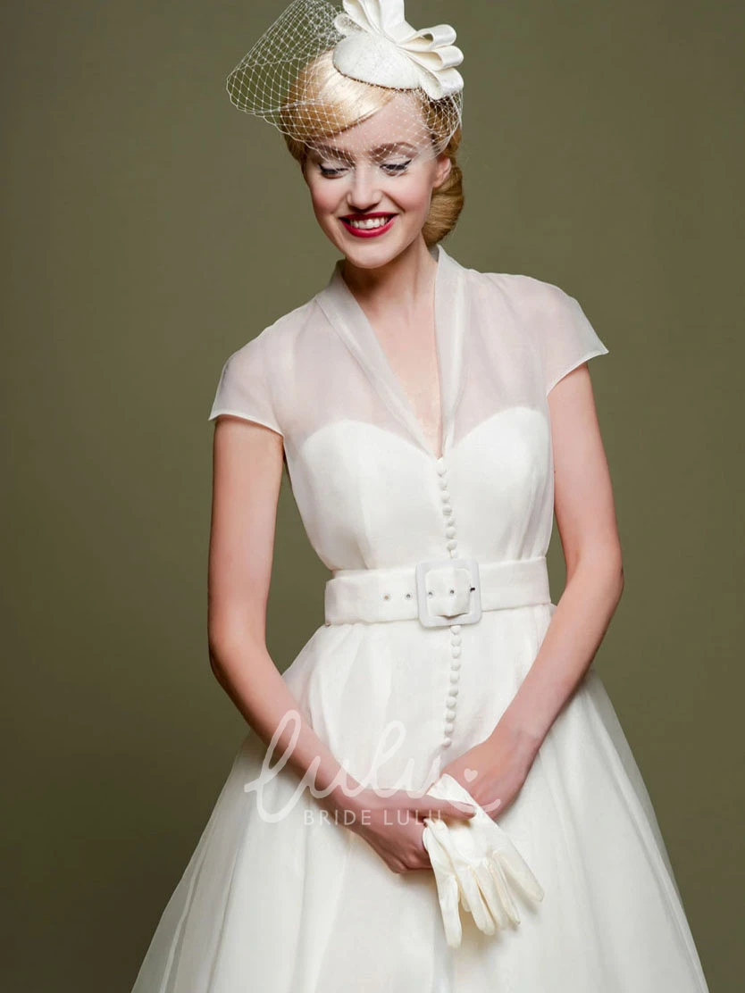 A-Line Tulle Cap Sleeve Wedding Dress with Ribboned V-Neck
