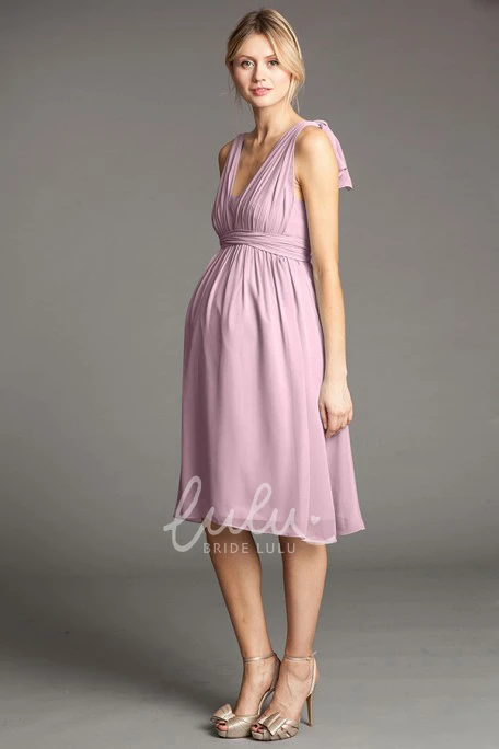 Knee-Length Chiffon Bridesmaid Dress with Straps V-Neck Bowed Empire