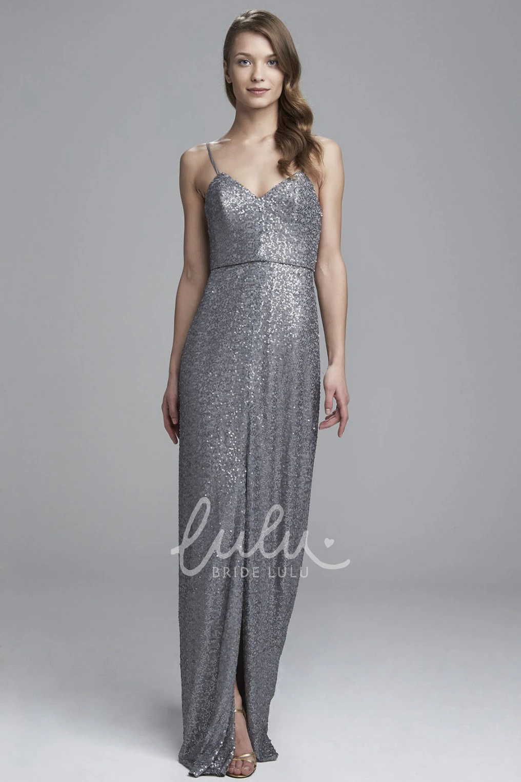 Sheath Split-Front Sequin Bridesmaid Dress with Spaghetti Straps
